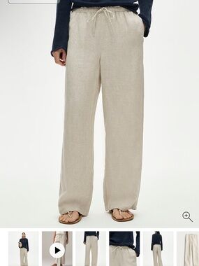 Wide Leg Drawstring Linen Pants - Beige